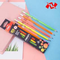 4 cây Bút chì gỗ màu Neon HB không độc hại kèm gôm tẩy - Deli EU51800
