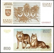 Lithuania, 500 Talonas 1993 hình con chó