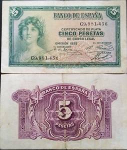 Spain Tây Ban Nha 5 Pesetas 1935 XF
