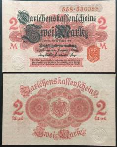Germany 2 mark UNC bản minisize 1914