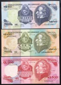 Uruguay bộ 3 tờ 50 100 500 UNC AUNC 1980-1985