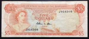 Bahamas 5 Dollars 1974 VF