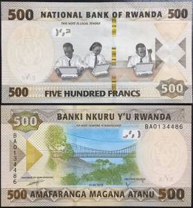 Rwanda 500 Francs UNC New -Đang xài 2019
