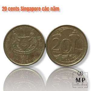 Đồng Xu 20 cents Singapore với hoa trinh nữ và hình ảnh sư tử năm phát hành ngẫu nhiên
