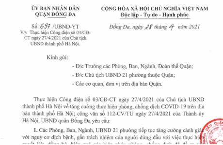 V/v Thực hiện Công điện số 03/CĐ-CT ngày 27/4/2021 của Chủ tịch UBND Thành phố Hà Nội