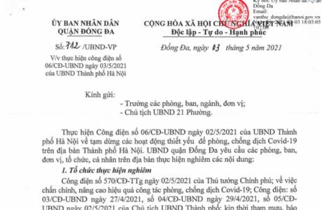 V/v thực hiện công điện số 06/CĐ-UBND ngày 03/5/2021 của UBND Thành phố Hà Nội