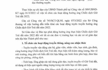607/SGDĐT-CTTT-KHCN V/v hưởng ứng Chiến dịch Giờ Trái đất thành phố Hà Nội 2022