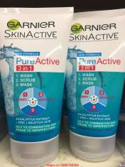 Sữa rửa mặt Garnier 3 trong 1 Pure active: rửa mặt, tẩy da chết và mặt nạ.